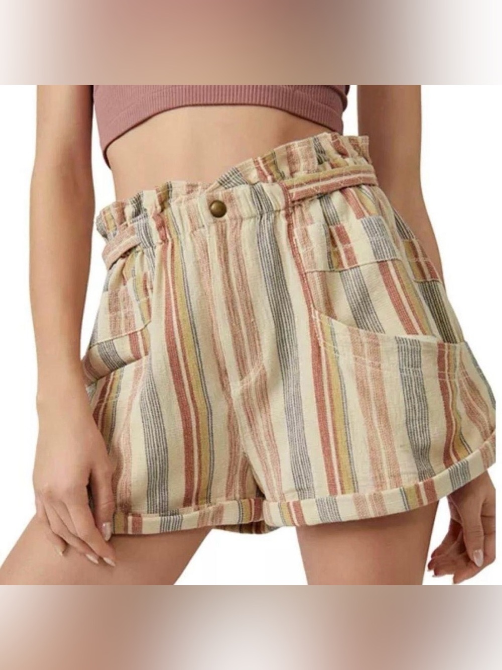 Free People Topanga Tan Combo Striped Paperbag Waist Shorts Size Small NWT